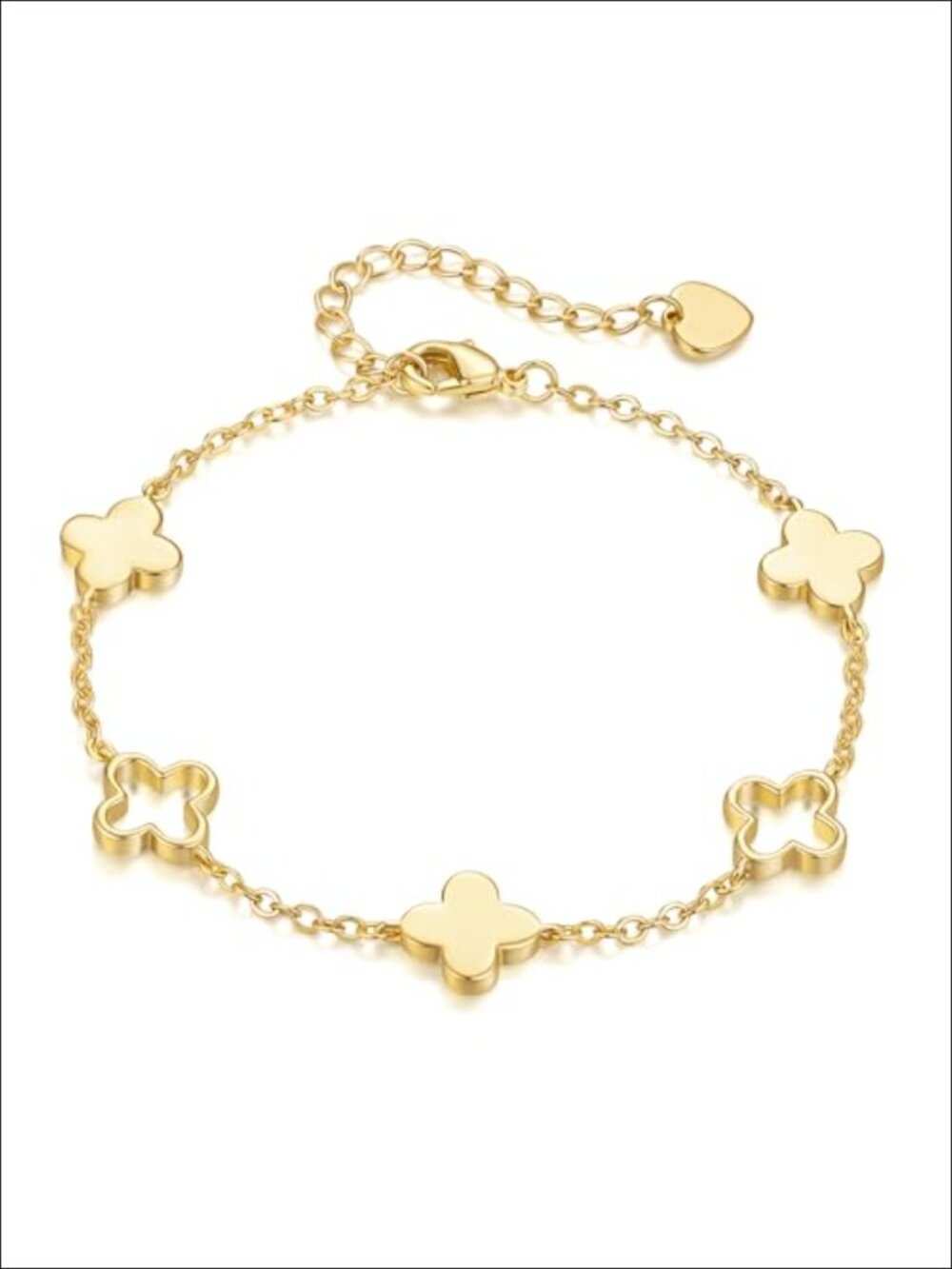 Gold Plated Cable Chain Clover Bracelet with Heart Charm